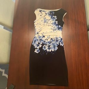 Lined floral blue/cream work dress by Lauren for Ralph Lauren NWOT
